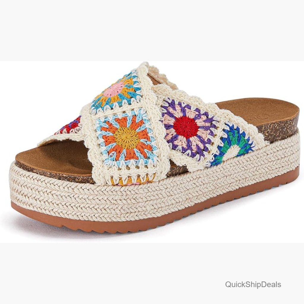 Platform Espadrille Sandals Floral Crochet Cork Footbed Slides